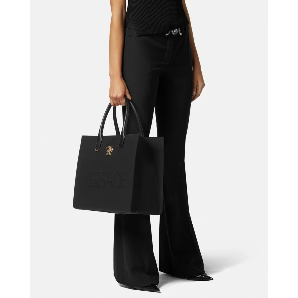 Versace La Medusa Large Canvas Tote in Black and Gold, view 6 | Totes & Top-Handle Bags