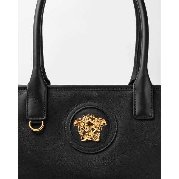 Versace La Medusa Large Leather Tote in Black and Gold, view 3 | Totes & Top-Handle Bags