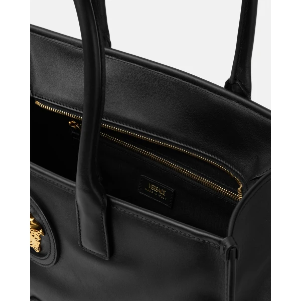 Versace La Medusa Large Leather Tote in Black and Gold, view 4 | Totes & Top-Handle Bags
