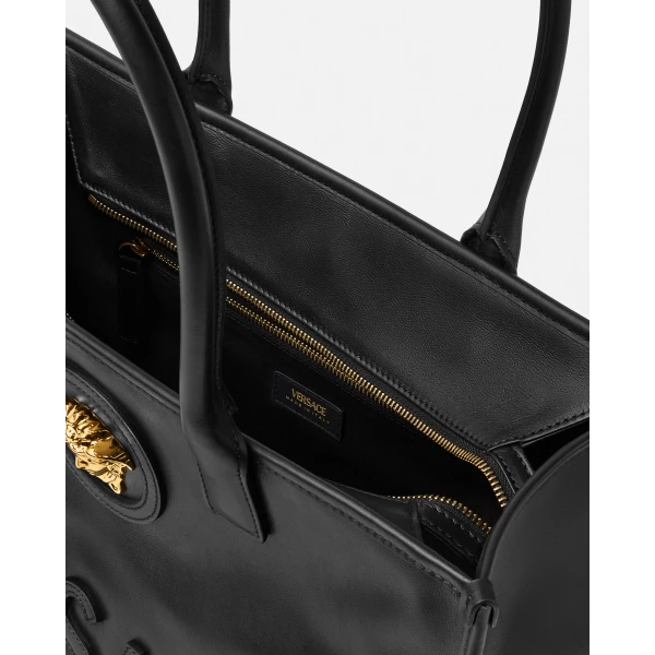 Versace La Medusa Large Leather Tote in Black and Gold, view 6 | Totes & Top-Handle Bags