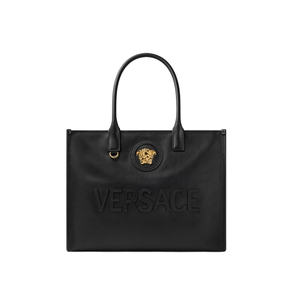 La Medusa Large Leather Tote in Black and Gold