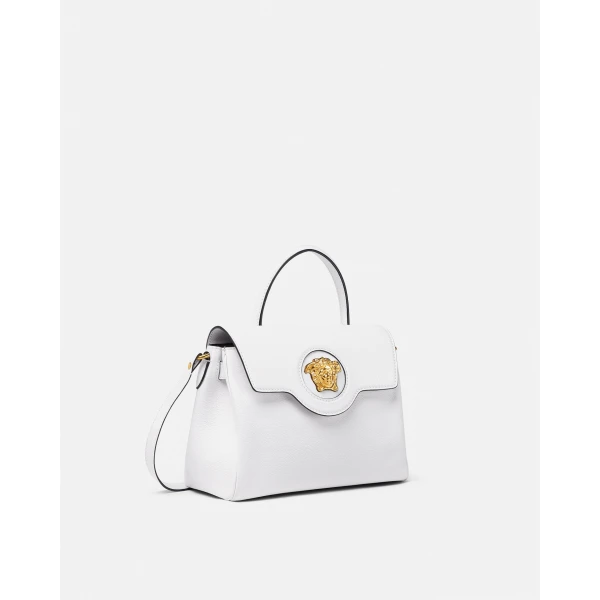 Versace La Medusa Leather Top-Handle in White, view 2 | Totes & Top-Handle Bags