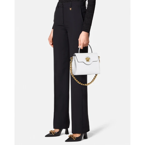 Versace La Medusa Leather Top-Handle in White, view 6 | Totes & Top-Handle Bags