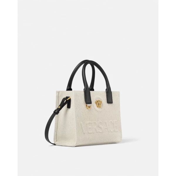 Versace La Medusa Mini Canvas Tote in Beige, view 2 | Mini Bags