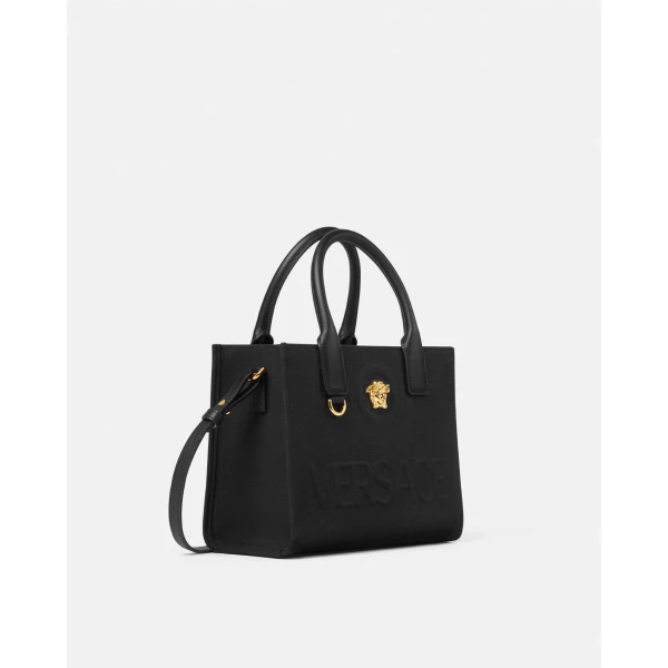 Versace La Medusa Mini Canvas Tote in Black and Gold, view 2 | Mini Bags