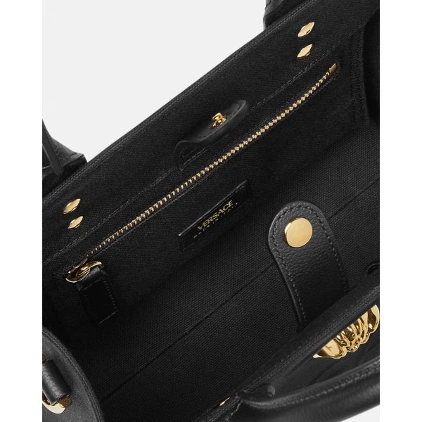Versace La Medusa Mini Canvas Tote in Black and Gold, view 3 | Mini Bags
