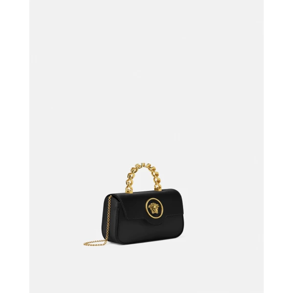 Versace La Medusa Satin Mini Bag in Black and Gold, view 2 | Mini Bags