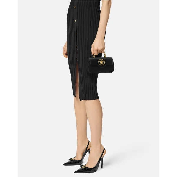 Versace La Medusa Satin Mini Bag in Black and Gold, view 3 | Mini Bags