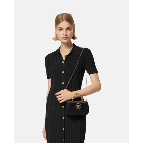 Versace La Medusa Satin Mini Bag in Black and Gold, view 4 | Mini Bags