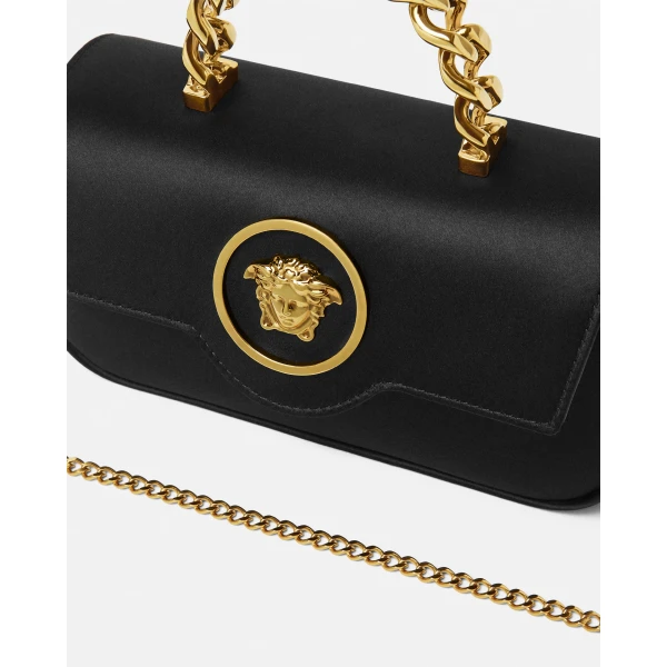 Versace La Medusa Satin Mini Bag in Black and Gold, view 6 | Mini Bags
