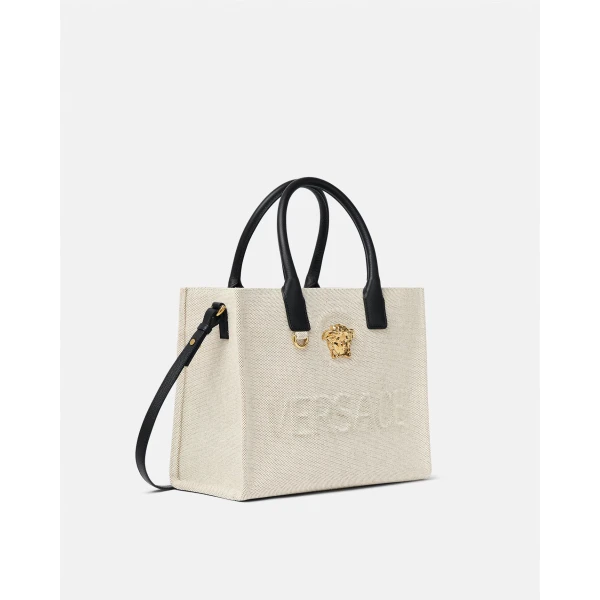 Versace La Medusa Small Canvas Tote in Beige, view 2 | Totes & Top-Handle Bags