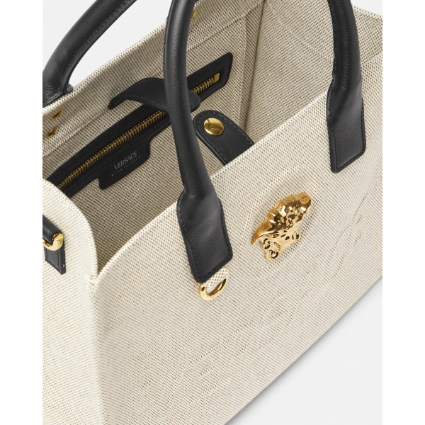 Versace La Medusa Small Canvas Tote in Beige, view 4 | Totes & Top-Handle Bags