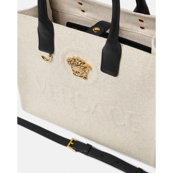 Versace La Medusa Small Canvas Tote in Beige, view 5 | Totes & Top-Handle Bags