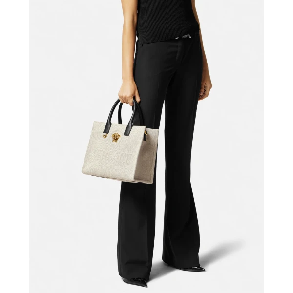 Versace La Medusa Small Canvas Tote in Beige, view 6 | Totes & Top-Handle Bags