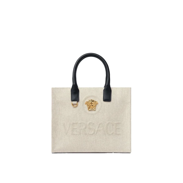 Versace La Medusa Small Canvas Tote in Beige | Totes & Top-Handle Bags | Coveti