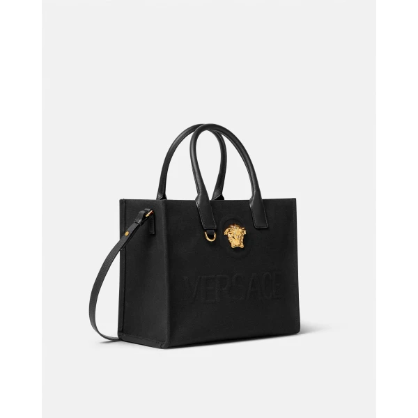 Versace La Medusa Small Canvas Tote in Black and Gold, view 2 | Totes & Top-Handle Bags