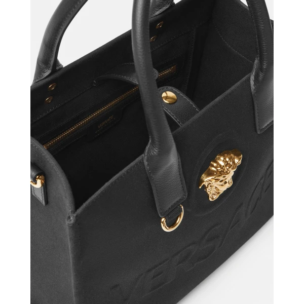 Versace La Medusa Small Canvas Tote in Black and Gold, view 4 | Totes & Top-Handle Bags