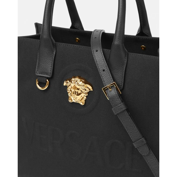 Versace La Medusa Small Canvas Tote in Black and Gold, view 5 | Totes & Top-Handle Bags
