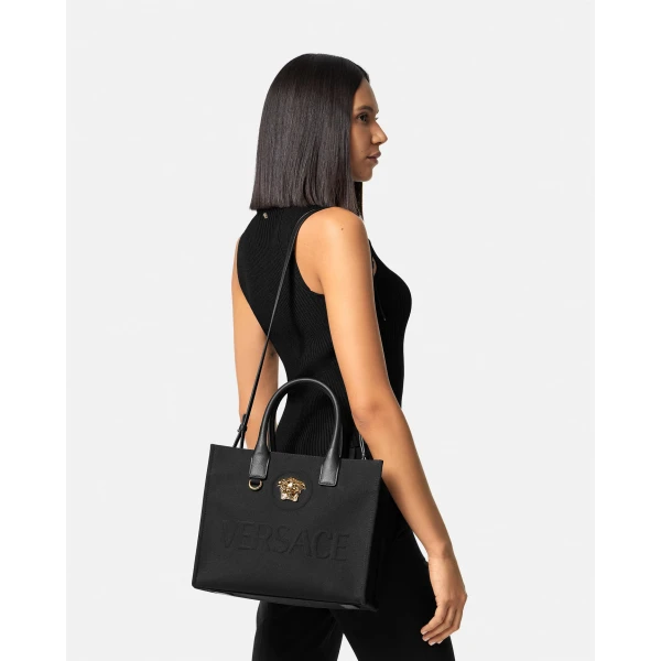 Versace La Medusa Small Canvas Tote in Black and Gold, view 6 | Totes & Top-Handle Bags