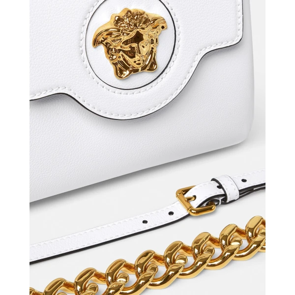 Versace La Medusa Small Leather Top-Handle in White, view 5 | Totes & Top-Handle Bags