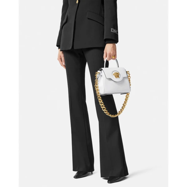 Versace La Medusa Small Leather Top-Handle in White, view 6 | Totes & Top-Handle Bags