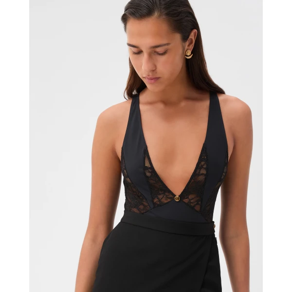 Versace Lace-Trim Bodysuit in Black, view 2 | Bodysuit