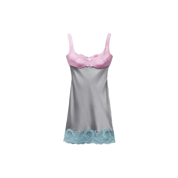 Lace-Trim Silk Cady Satin Mini Dress in Grey and Pink