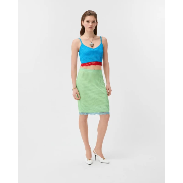 Versace Lace-Trim Viscose-Blend Ribbed Knit Midi Skirt in Green, view 2 | Midi Skirts