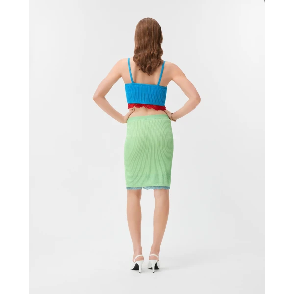 Versace Lace-Trim Viscose-Blend Ribbed Knit Midi Skirt in Green, view 3 | Midi Skirts
