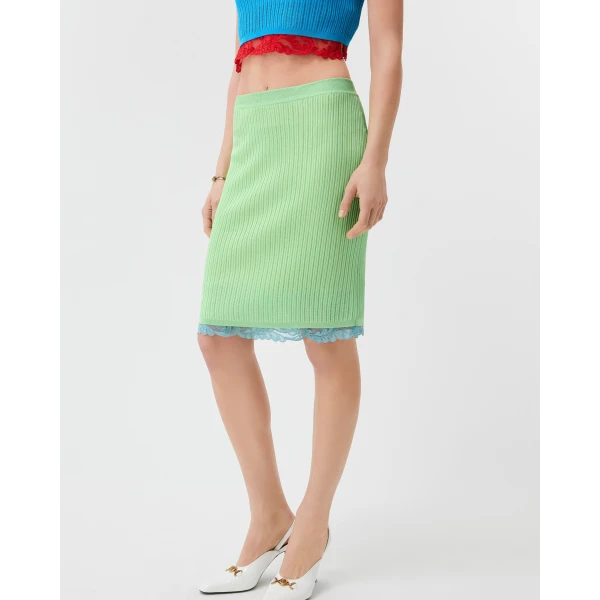 Versace Lace-Trim Viscose-Blend Ribbed Knit Midi Skirt in Green, view 4 | Midi Skirts