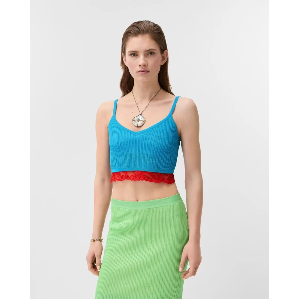 Versace Lace-Trim Viscose-Blend Ribbed Knit Tank Top in Blue, view 2 | Tops