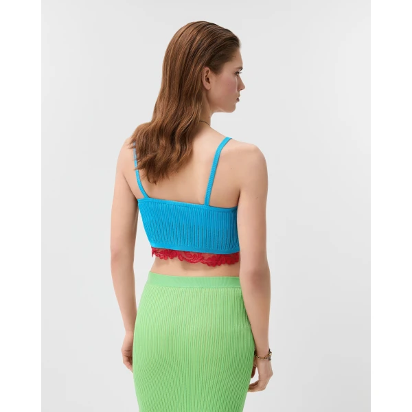 Versace Lace-Trim Viscose-Blend Ribbed Knit Tank Top in Blue, view 3 | Tops