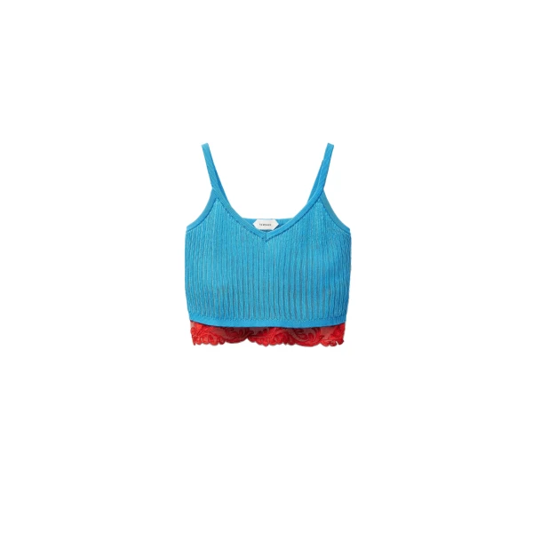 Lace-Trim Viscose-Blend Ribbed Knit Tank Top in Blue
