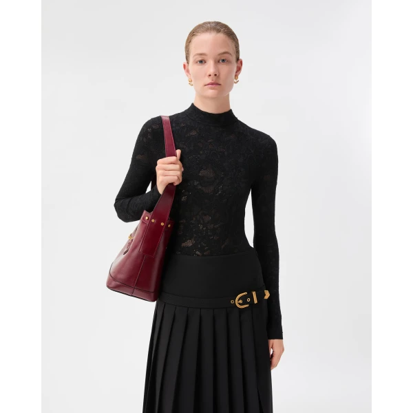 Versace Lace Wool Blend Bodysuit in Black, view 2 | Sweaters