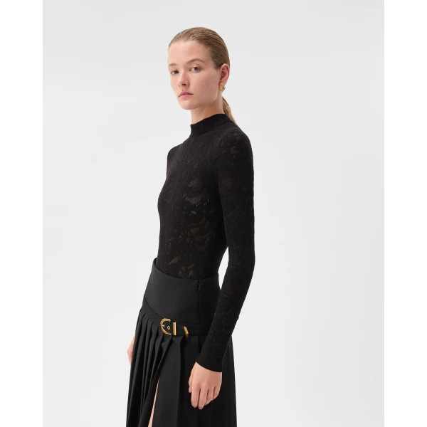 Versace Lace Wool Blend Bodysuit in Black, view 4 | Sweaters