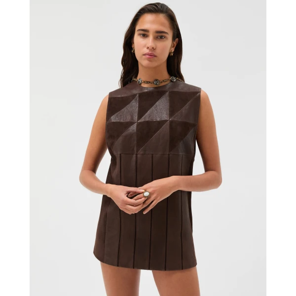 Versace Leather Patchwork Mini Dress in Brown, view 2 | Mini Dresses