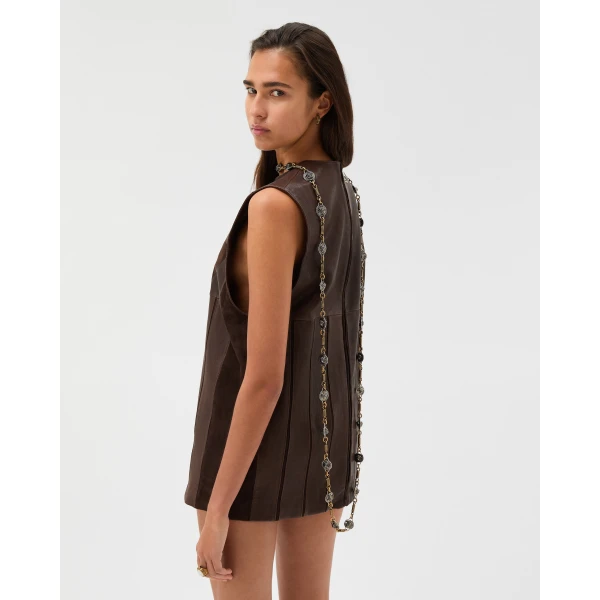 Versace Leather Patchwork Mini Dress in Brown, view 3 | Mini Dresses