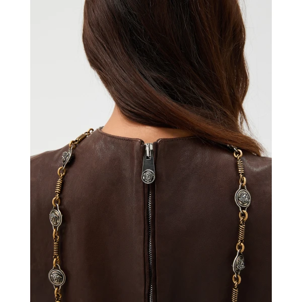 Versace Leather Patchwork Mini Dress in Brown, view 5 | Mini Dresses