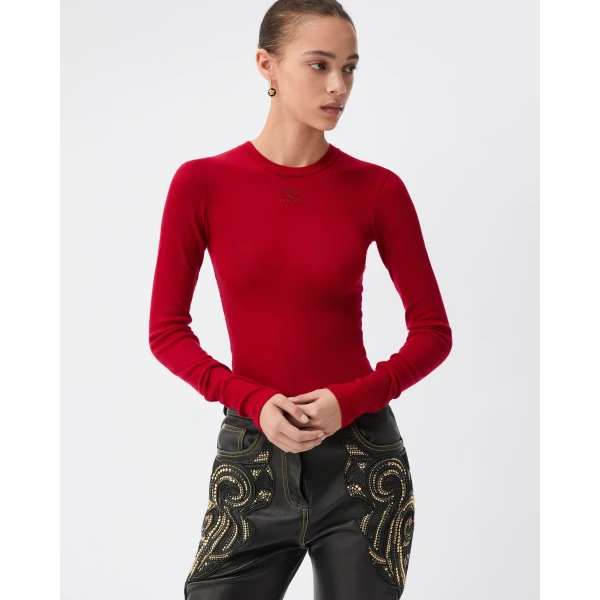 Versace Logo-Embroidered Wool Knit T-Shirt in Red, view 2 | Sweaters