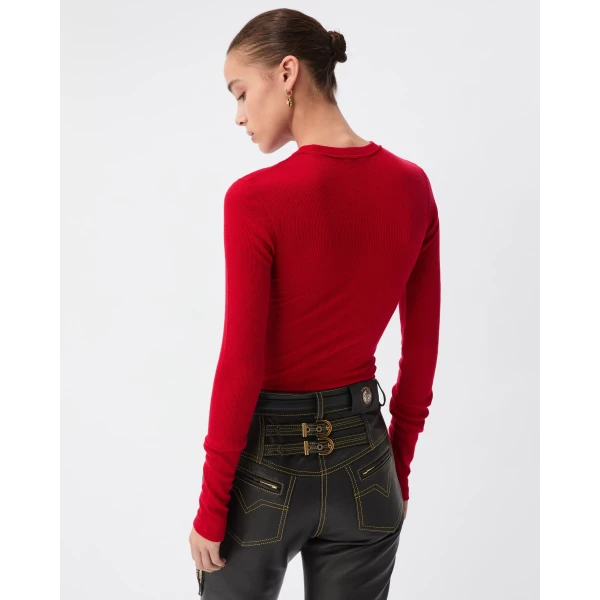 Versace Logo-Embroidered Wool Knit T-Shirt in Red, view 3 | Sweaters