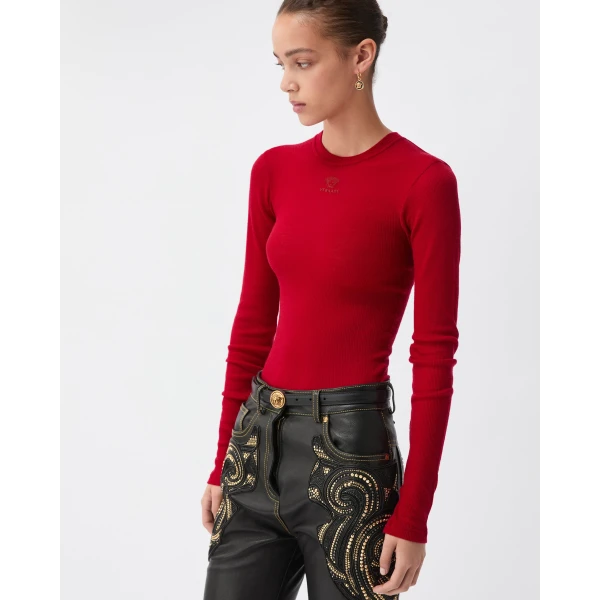 Versace Logo-Embroidered Wool Knit T-Shirt in Red, view 4 | Sweaters