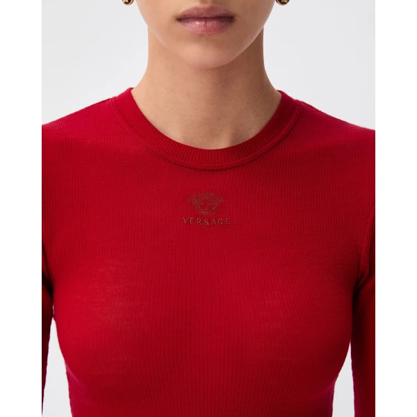 Versace Logo-Embroidered Wool Knit T-Shirt in Red, view 5 | Sweaters