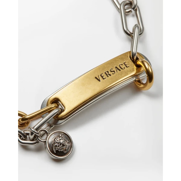 Versace Logo Tag Bracelet in Silver and Gold, view 3 | Bracelets