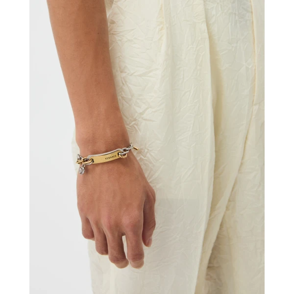 Versace Logo Tag Bracelet in Silver and Gold, view 4 | Bracelets