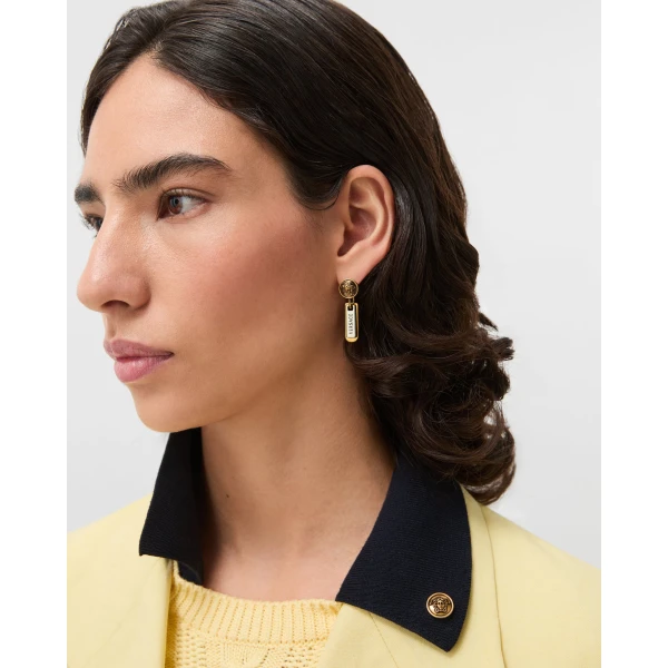 Versace Logo Tag Earrings in Gold, view 2 | Earrings