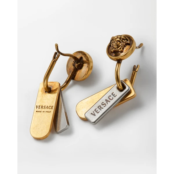 Versace Logo Tag Earrings in Gold, view 3 | Earrings