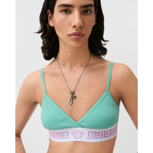 Versace Logo Tag Necklace in Silver and Gold, view 2 | Necklace