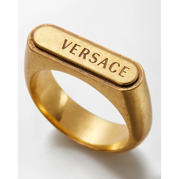 Versace Logo Tag Ring in Gold, view 3 | Rings
