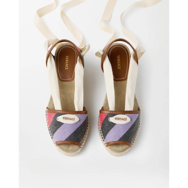 Versace Lola Striped Denim Wedge Sandals 65 mm in Multicolour, view 2 | Sandals