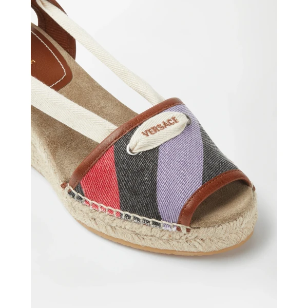 Versace Lola Striped Denim Wedge Sandals 65 mm in Multicolour, view 3 | Sandals